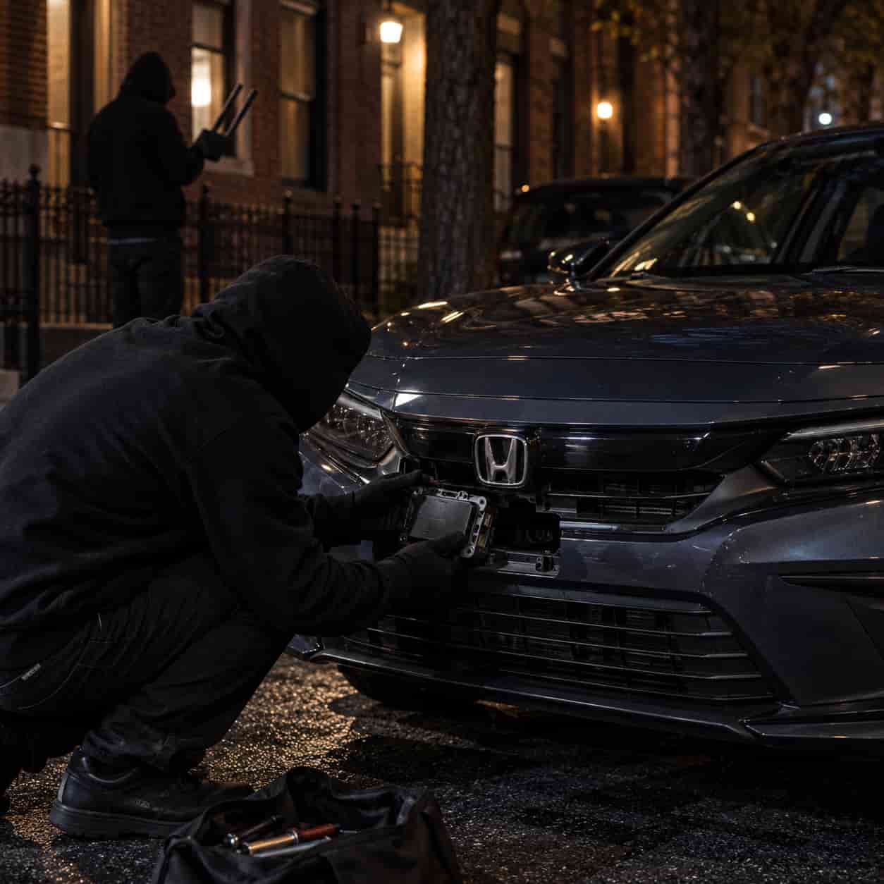 Thief removing Honda Sensing radar sensor from behind the front grille