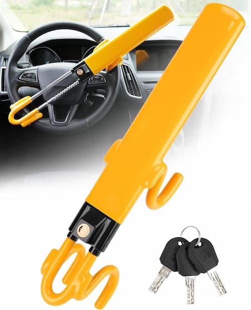 Steering wheel lock — yellow steel bar with keys